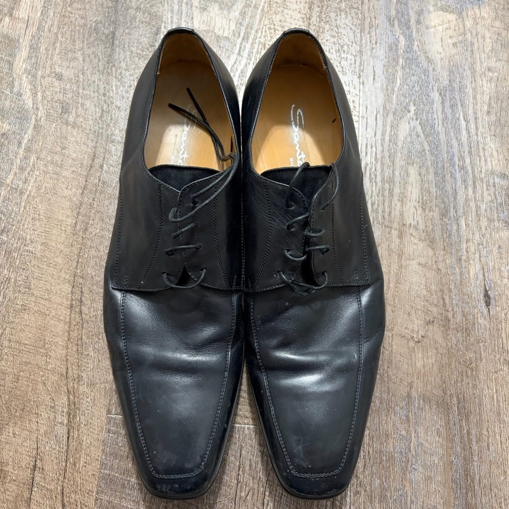 Santoni Black Leather Men's Dress Shoes Size 10. Made in Italy